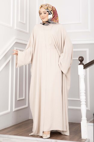 Leyli Tesettür Abaya Takım Krem - Thumbnail
