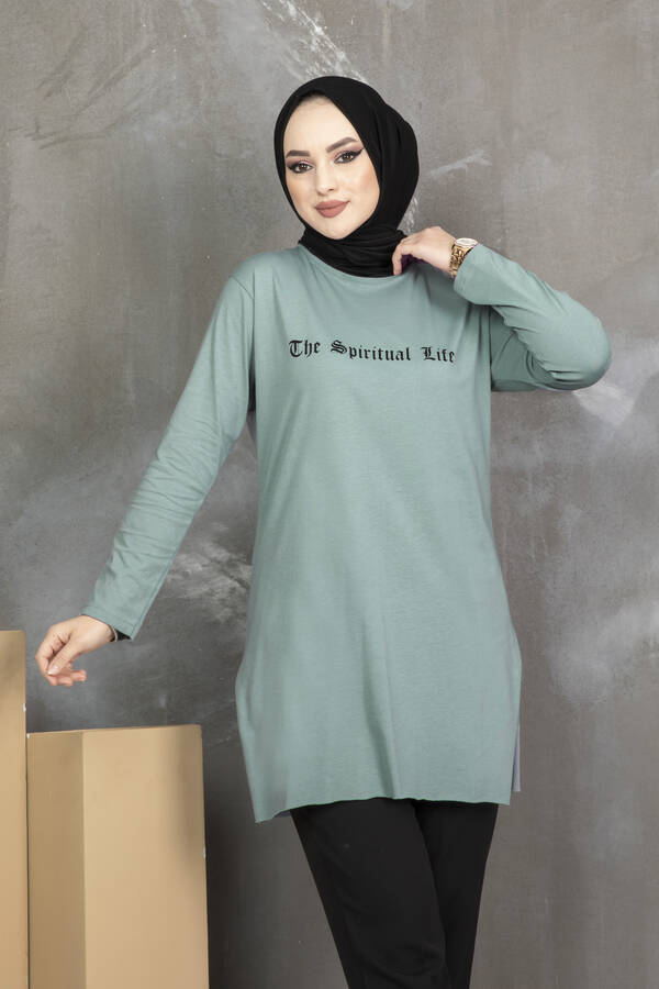 NY - Life Yazılı Tesettür Spor Tunik Mint (1)