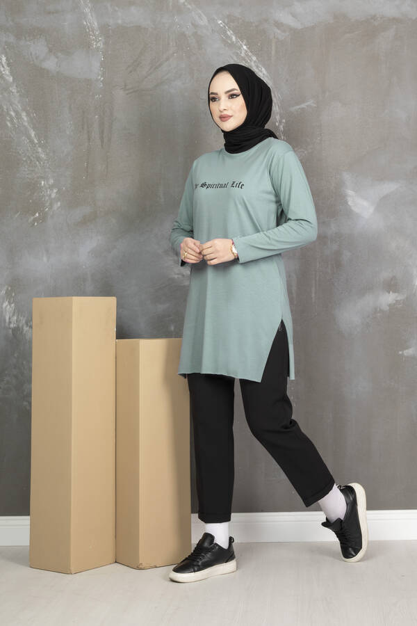 NY - Life Yazılı Tesettür Spor Tunik Mint
