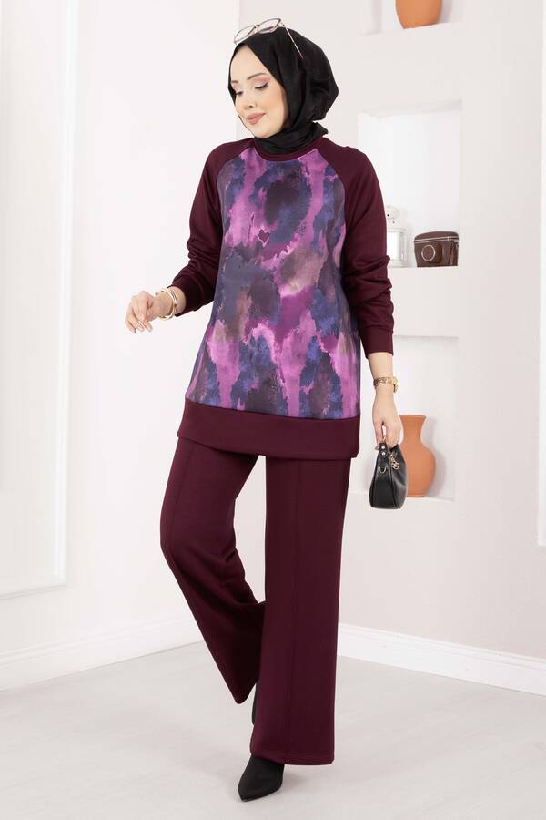 Efl - Lina Desenli Tesettür İkili Takım Bordo