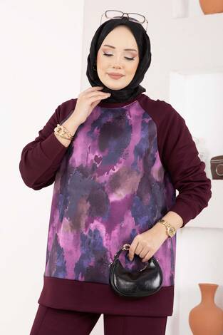 Lina Desenli Tesettür İkili Takım Bordo - Thumbnail