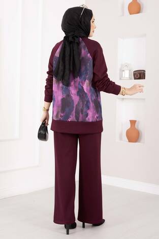 Lina Desenli Tesettür İkili Takım Bordo - Thumbnail
