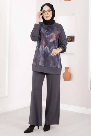 Lina Desenli Tesettür İkili Takım Gri - Thumbnail