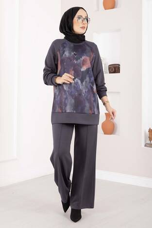 Lina Desenli Tesettür İkili Takım Gri - Thumbnail