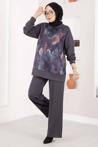 Lina Desenli Tesettür İkili Takım Gri - Thumbnail