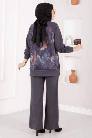 Lina Desenli Tesettür İkili Takım Gri - Thumbnail