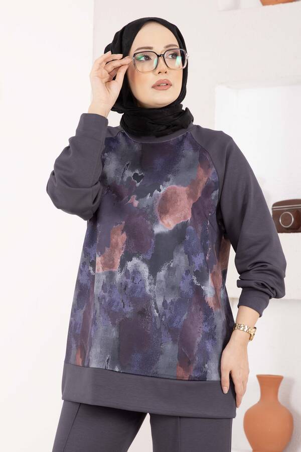 Efl - Lina Desenli Tesettür İkili Takım Gri (1)