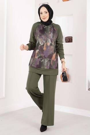 Lina Desenli Tesettür İkili Takım Haki
