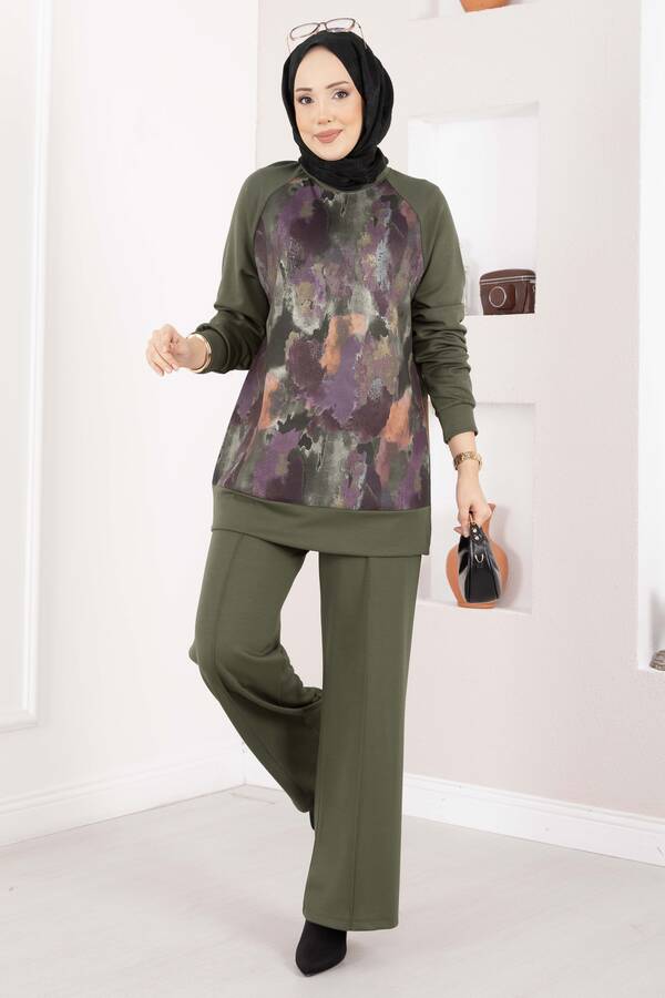 Efl - Lina Desenli Tesettür İkili Takım Haki