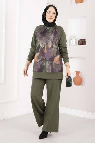 Lina Desenli Tesettür İkili Takım Haki - Thumbnail
