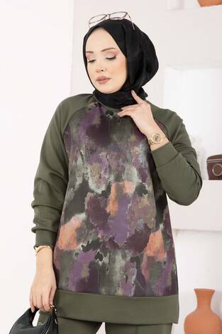 Lina Desenli Tesettür İkili Takım Haki - Thumbnail