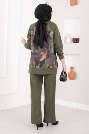 Lina Desenli Tesettür İkili Takım Haki - Thumbnail