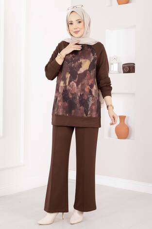Lina Desenli Tesettür İkili Takım Kahve - Thumbnail