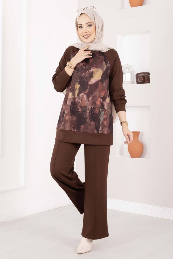 Efl - Lina Desenli Tesettür İkili Takım Kahve