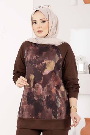 Lina Desenli Tesettür İkili Takım Kahve - Thumbnail