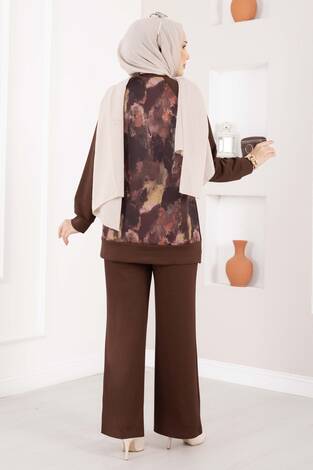 Lina Desenli Tesettür İkili Takım Kahve - Thumbnail