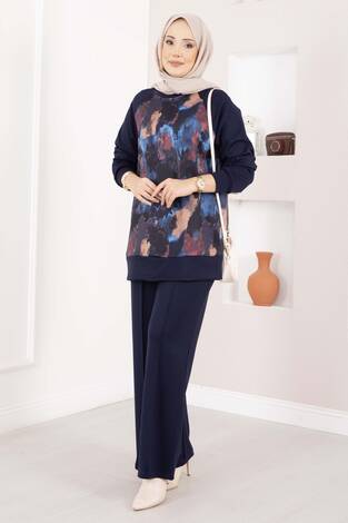 Lina Desenli Tesettür İkili Takım Lacivert - Thumbnail