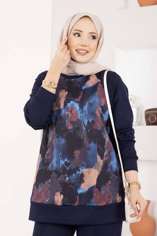 Lina Desenli Tesettür İkili Takım Lacivert - Thumbnail