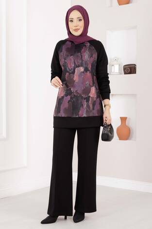 Lina Desenli Tesettür İkili Takım Siyah - Thumbnail