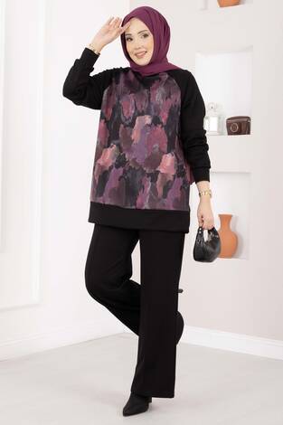 Lina Desenli Tesettür İkili Takım Siyah