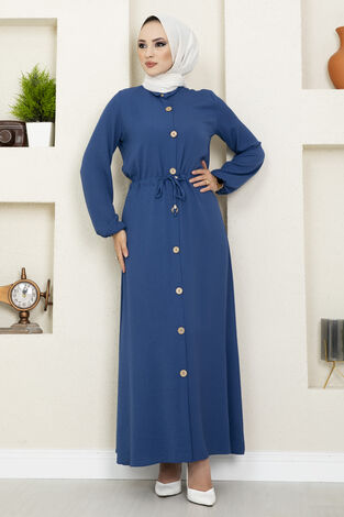 Linda Tünel Bağcıklı Tesettür Elbise İndigo - Thumbnail