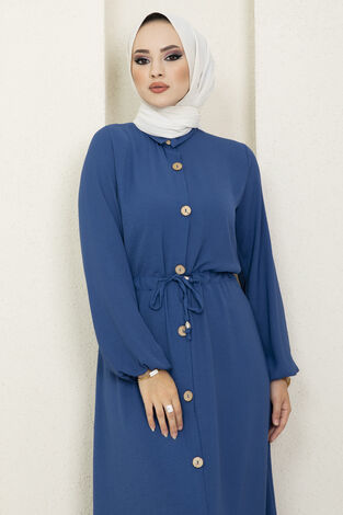 Linda Tünel Bağcıklı Tesettür Elbise İndigo - Thumbnail