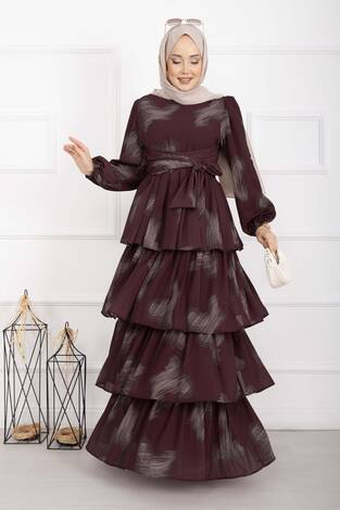 Liva Kuşaklı Kat Kat Elbise Bordo - Thumbnail