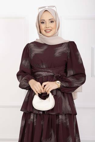 Liva Kuşaklı Kat Kat Elbise Bordo - Thumbnail