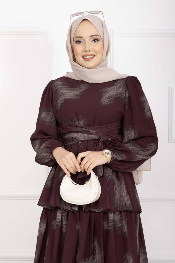Hl - Liva Kuşaklı Kat Kat Elbise Bordo (1)