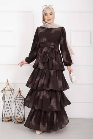 Liva Kuşaklı Kat Kat Elbise Kahve