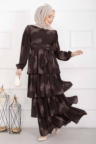 Liva Kuşaklı Kat Kat Elbise Kahve - Thumbnail