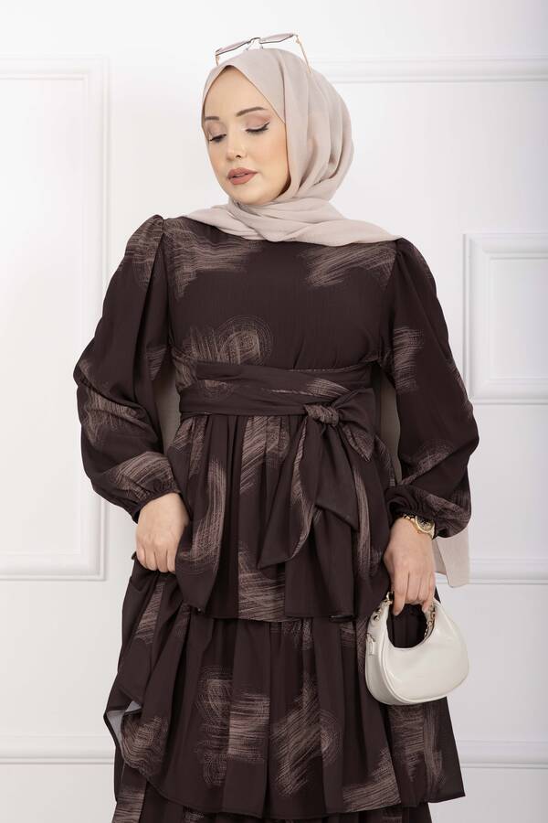 Hl - Liva Kuşaklı Kat Kat Elbise Kahve (1)