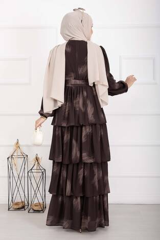 Liva Kuşaklı Kat Kat Elbise Kahve - Thumbnail