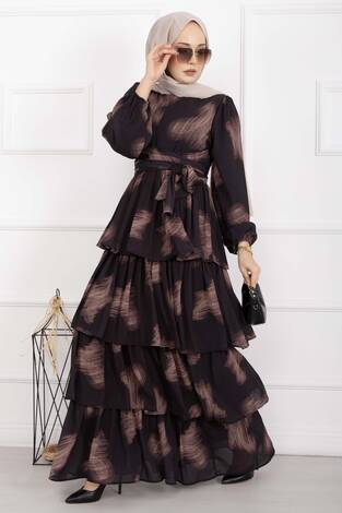 Liva Kuşaklı Kat Kat Elbise Siyah - Thumbnail