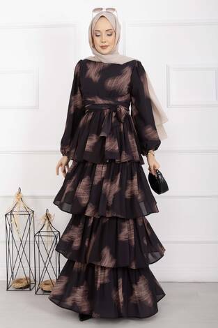 Liva Kuşaklı Kat Kat Elbise Siyah - Thumbnail