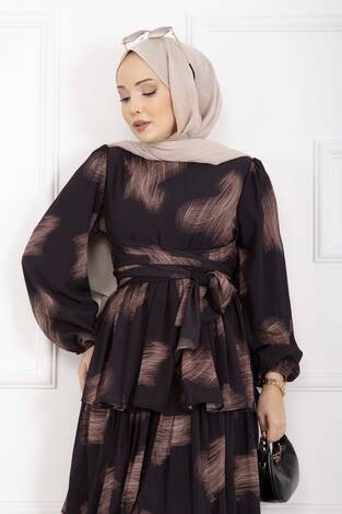 Liva Kuşaklı Kat Kat Elbise Siyah - Thumbnail