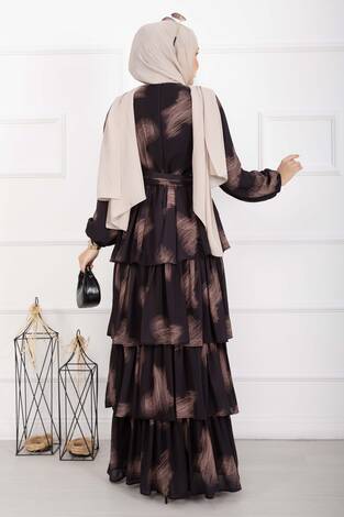 Liva Kuşaklı Kat Kat Elbise Siyah - Thumbnail