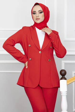Livza Ceket Pantolon Tesettür Takım Kırmızı - Thumbnail