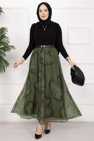 Lora Kemerli Astarlı Tül Etek Haki - Thumbnail