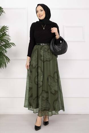 Lora Kemerli Astarlı Tül Etek Haki - Thumbnail