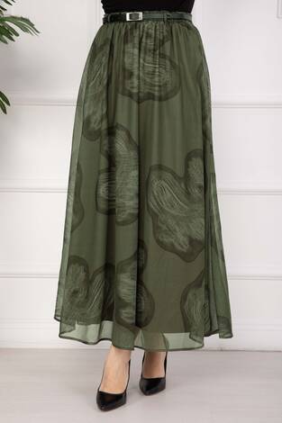 Lora Kemerli Astarlı Tül Etek Haki - Thumbnail