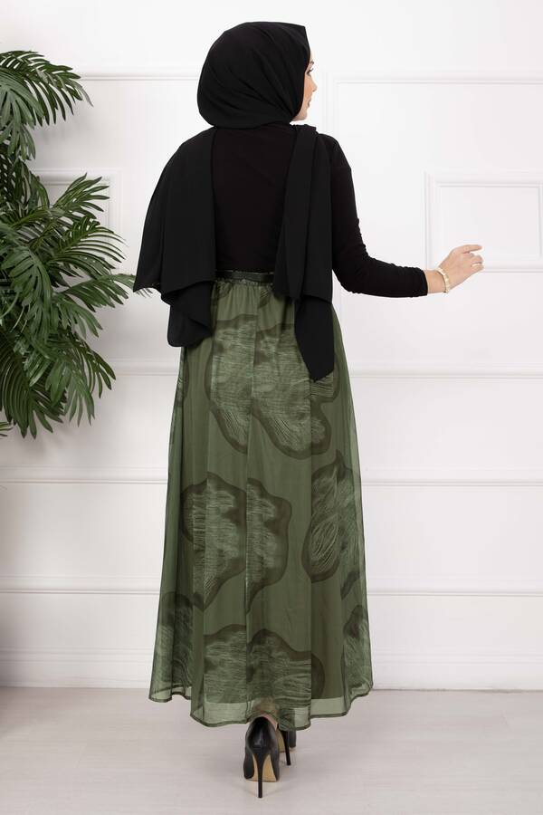 Lora Kemerli Astarlı Tül Etek Haki - 5