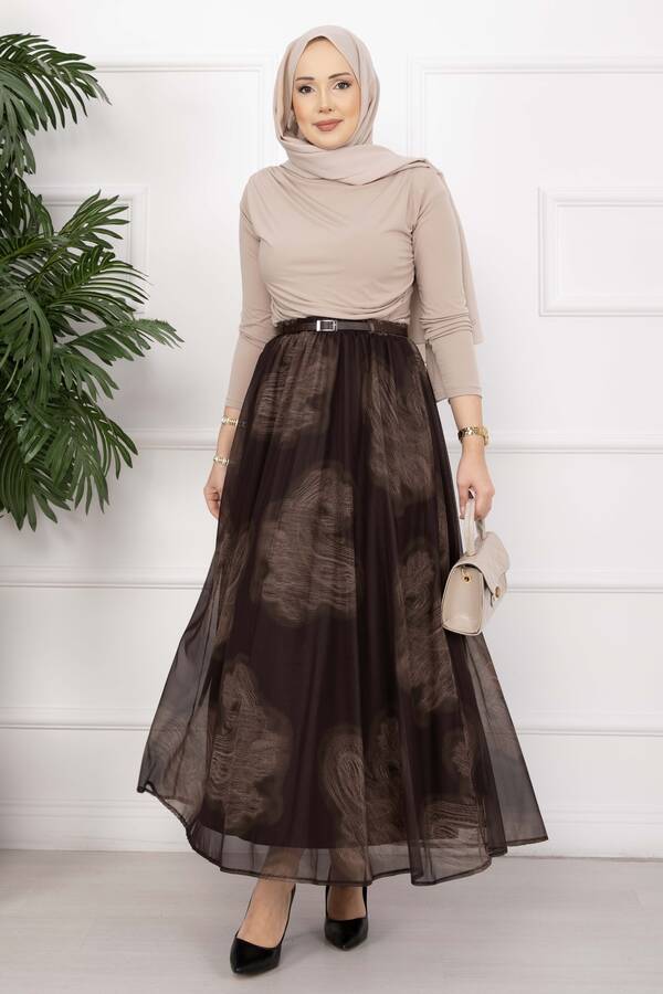 Svs - Lora Kemerli Astarlı Tül Etek Kahve