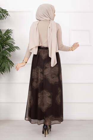 Lora Kemerli Astarlı Tül Etek Kahve - Thumbnail