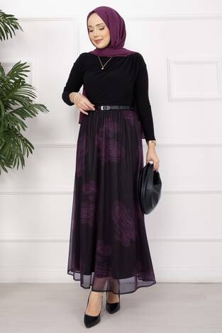 Lora Kemerli Astarlı Tül Etek Mürdüm - Thumbnail