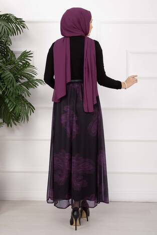 Lora Kemerli Astarlı Tül Etek Mürdüm - Thumbnail