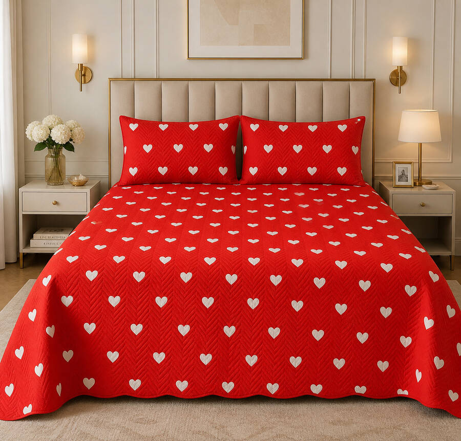 Hby - Love Çift Kişilik Pike Takımı Kırmızı