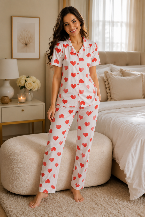 Fms - Love Desen Düğmeli Pijama Takımı Beyaz (1)