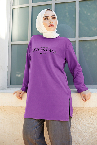 Lovers Lane Sweat-Tunik 9792-26 Mor - Thumbnail