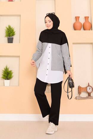 Loyşa Gömlek Garnili Tesettür İkili Takım Siyah - Thumbnail